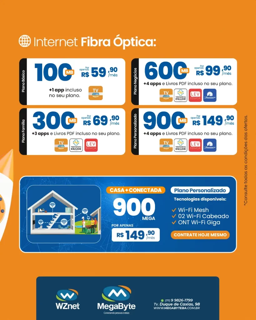 Planos de internet 100% fibr aoptica MegaByte, seu provedor de internet em Oliveira dos Brejinhos